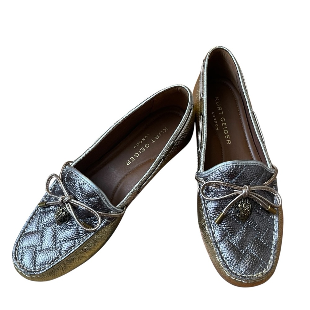 Kurt Geiger London Metallic Quilted Leather Loafers Crown Charm Bow Moccasins - Picture 10 of 16